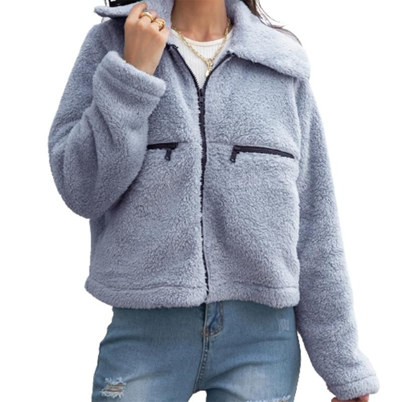 Fashion Women Zipper Lapel Long Sleeve Plush Cardigan Jacket Fleece Cropped Coat