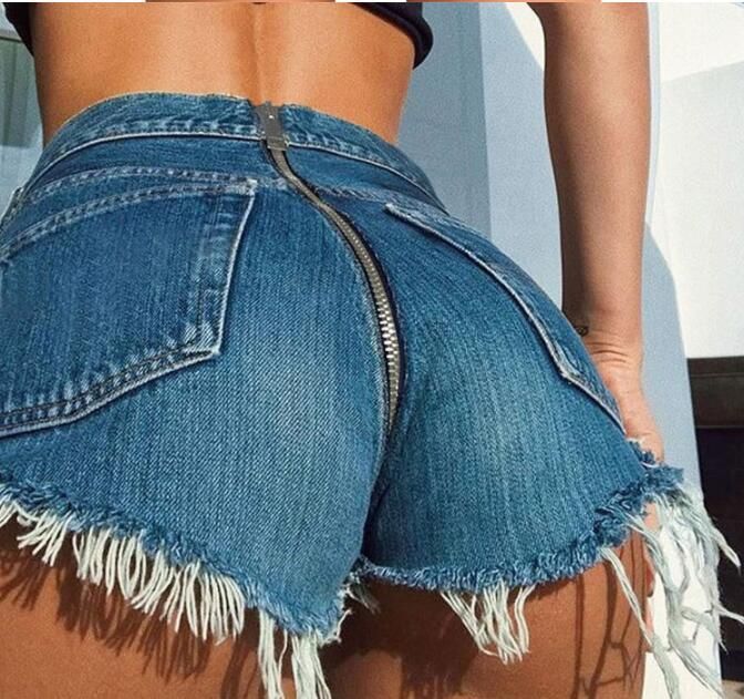 Women Zipper Shorts Tassel Ripped Side 