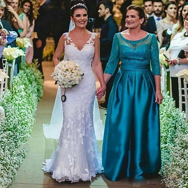 Turquesa Lace Satin Madre de la novia Vestido 3/4 Manga larga Duración de la manga Turquesa Lace Satin Madre de la novia Vestido 3/4 Manga larga Duración de la manga