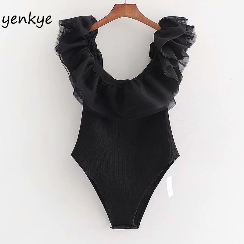 Vintage Black Ribbed Knit Sexy Bodysuit Women Ruffle Tulle Off