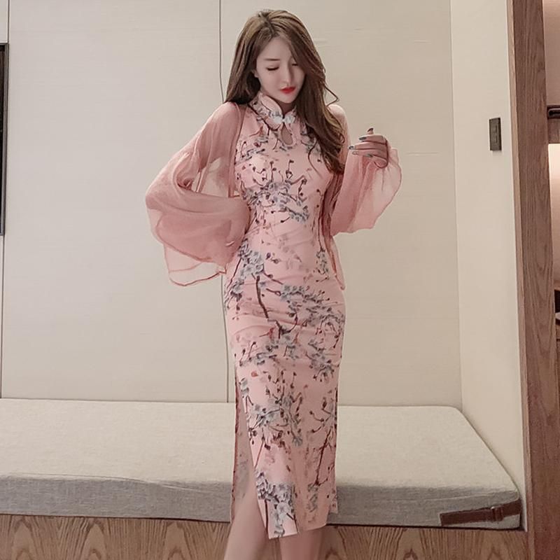 Mujer vestido de noche vestido impresión cheongsam chino estilo retro fiesta club sexy