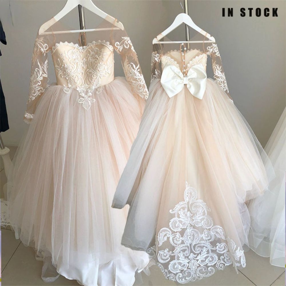Nuevo arco de encaje vestido de bola de flores Vestidos para niña para boda dulce manga Nuevo arco de encaje vestido de bola de flores Vestidos para niña para boda dulce manga