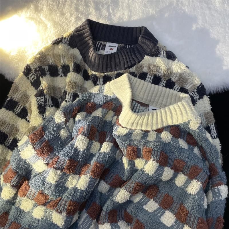 Мужские свитера осенью зима плед свитер мужчины теплая мода повседневная вязаная пуловер свободный с длинными рукавами мужская джемпер одежда M-2XL