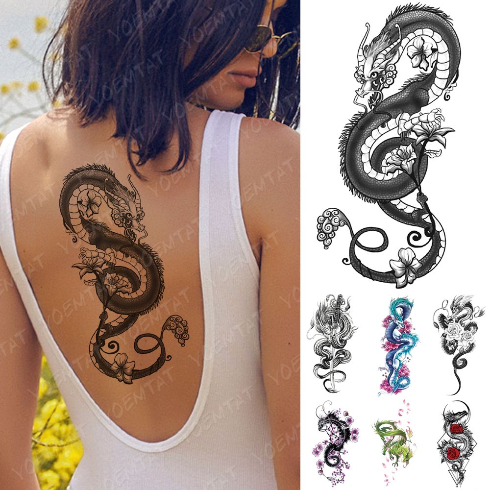 Dragon Chinois Tatouage Dragon Dos Femme Sticker temporaire imperméable autocollant de tatouage dragon lotus prune  rose tatouages ​​d'épée serpent corps arbre arbre faux manches tatoo femmes  hommes