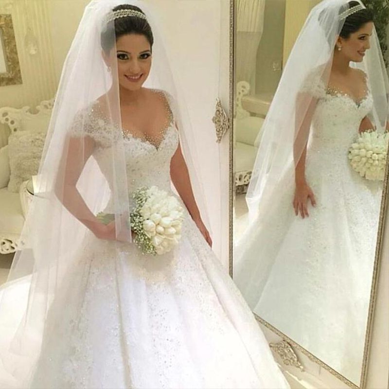 Compra ZJ9099 Vestido De Bola De Marfil Blanco Vestidos De Novia Cuentas De Moda  Cristal Para Novias Tallas Grandes Maxi Manga Formal Del Casquillo Barato |  Entrega Rápida Y Calidad | Es.Dhgate