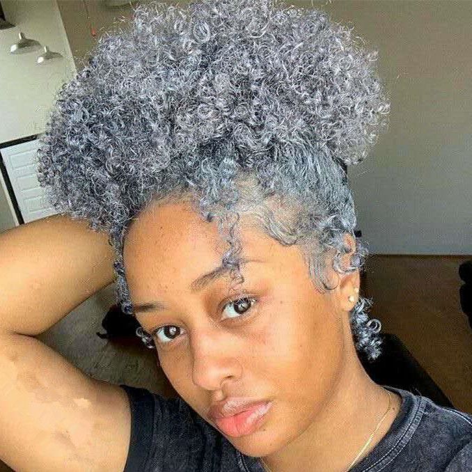 Kinky curly grey human hair puff drawstring ponytail clip in silver natural hair pony tail updo women afro gray hair extension afro grey Kinky curly grey human hair puff drawstring ponytail clip in silver natural hair pony tail updo women afro gray hair extension afro grey