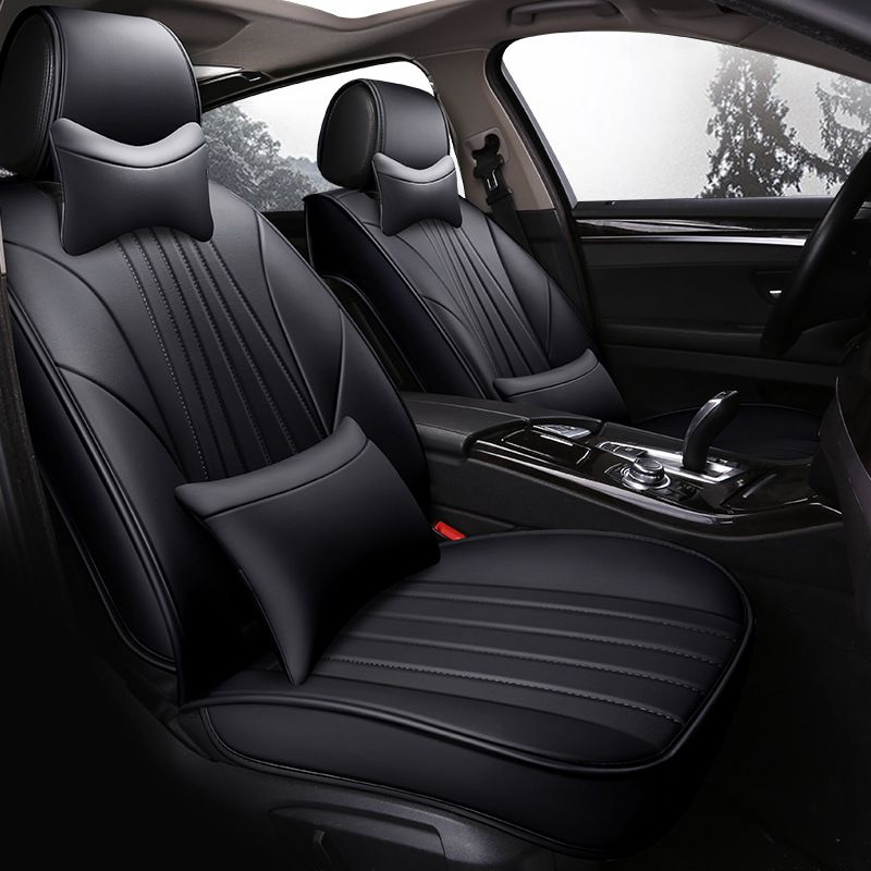 DAPENG Car Seat Cover Color : Black Front Rear 5 Seat Full Set Universal Textile Leather Seasons Protectors Pad with Pillow 
