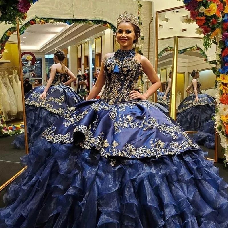 Azul marino Ruffles Quinceañera Vestidos Bordado Puffy Organza Junior Cumpleaños Fiesta de fiesta Bead Princess Vestidos Azul marino Ruffles Quinceañera Vestidos Bordado Puffy Organza Junior Cumpleaños Fiesta de fiesta Bead Princess Vestidos