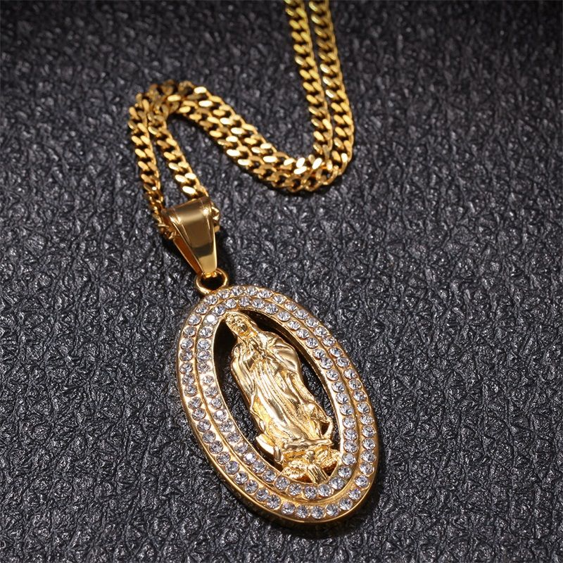 Iced Out Virgin Mary Pendant Necklaces 