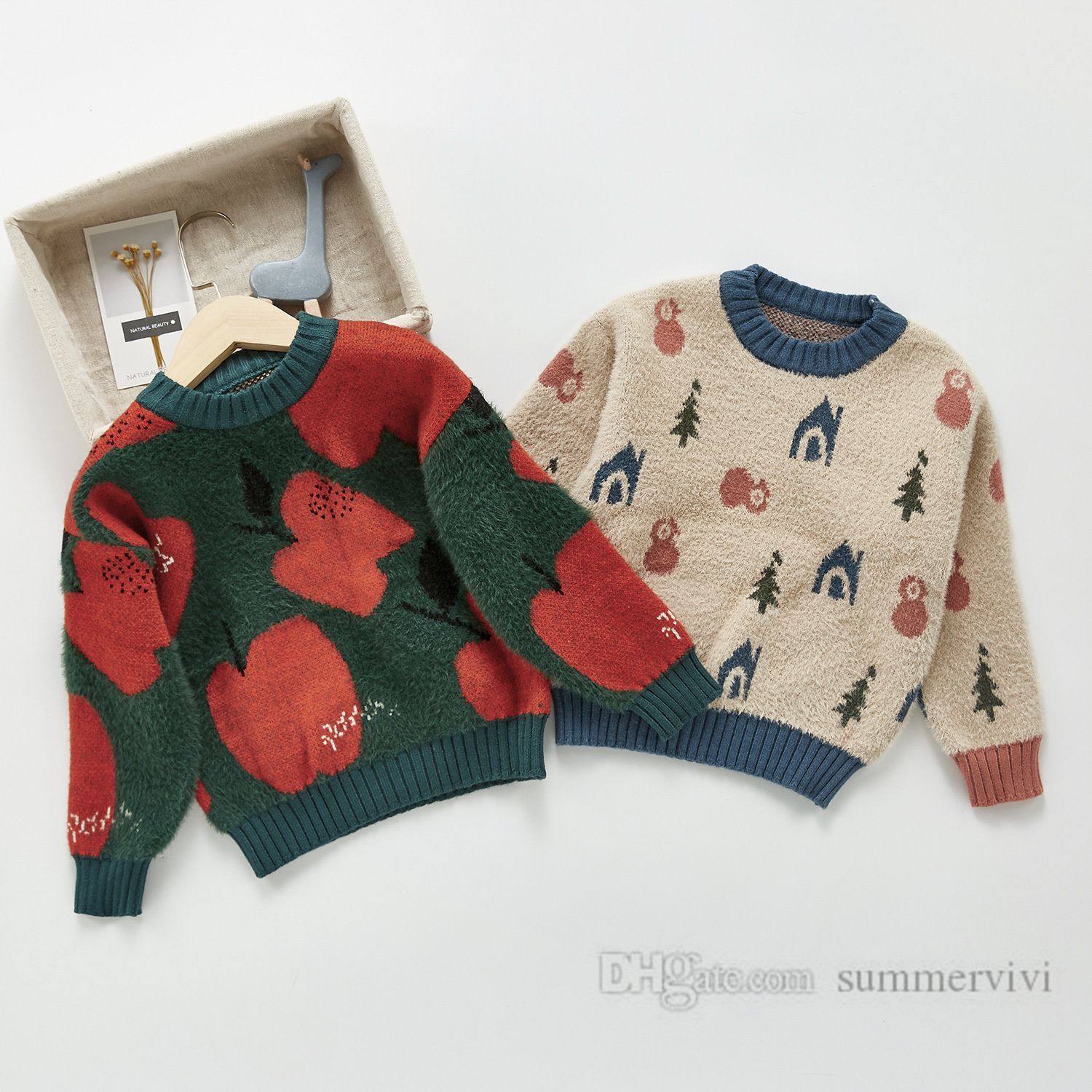 Baby boys apple knitted sweater pullover toddler girls cartoon christmas  tree pattern long sleeve jumper autumn