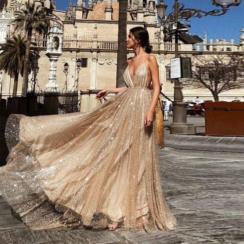 Compra Vestidos De Fiesta Vestido De Noche Brillo Brillante Lentejuelas De  Lentejuelas Dorado Azul Marino Azul Backless Prom Sexy Sexy Profundo En V  Cuello Spaghetti Buego 2021 Barato | Entrega Rápida Y