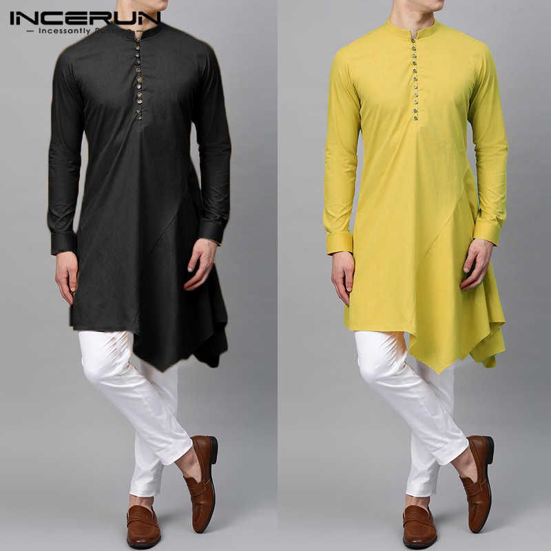 Hombres camisa larga ropa india color sólido manga larga Vintage Kurtas Hombres camisas irregulares elegantes Robas musulmanes incerun 5xl H1014