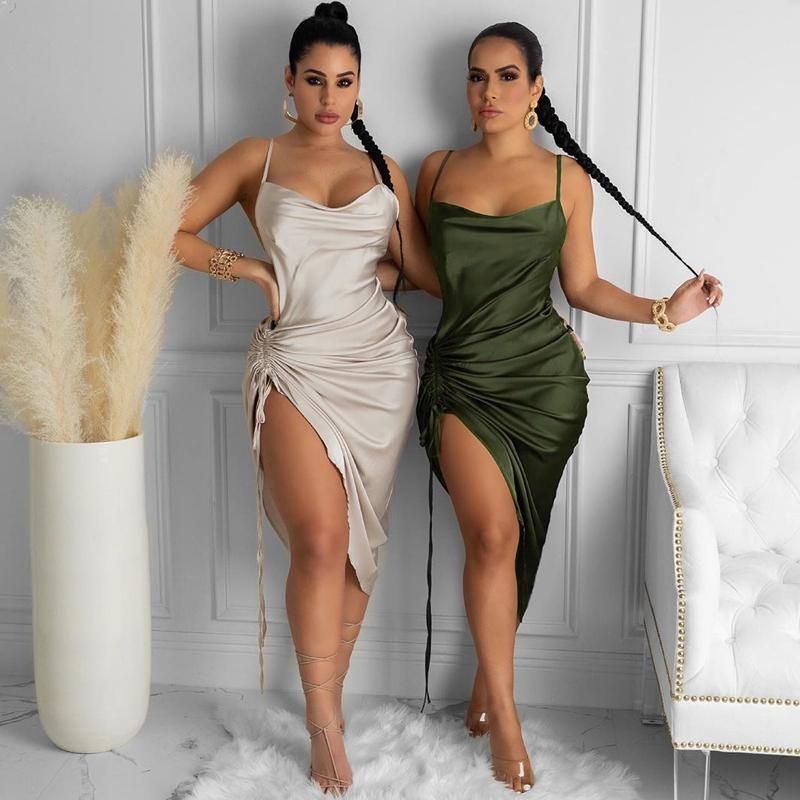 Compra Vestidos Casuales 2021 Mujeres Satin Vestido De Verano Spaghetti  Correas Correas Cowl Cuello Sin Espalda Sólido Largo Para Vestidos Elegantes  Sexy Barato | Entrega Rápida Y Calidad | Es.Dhgate