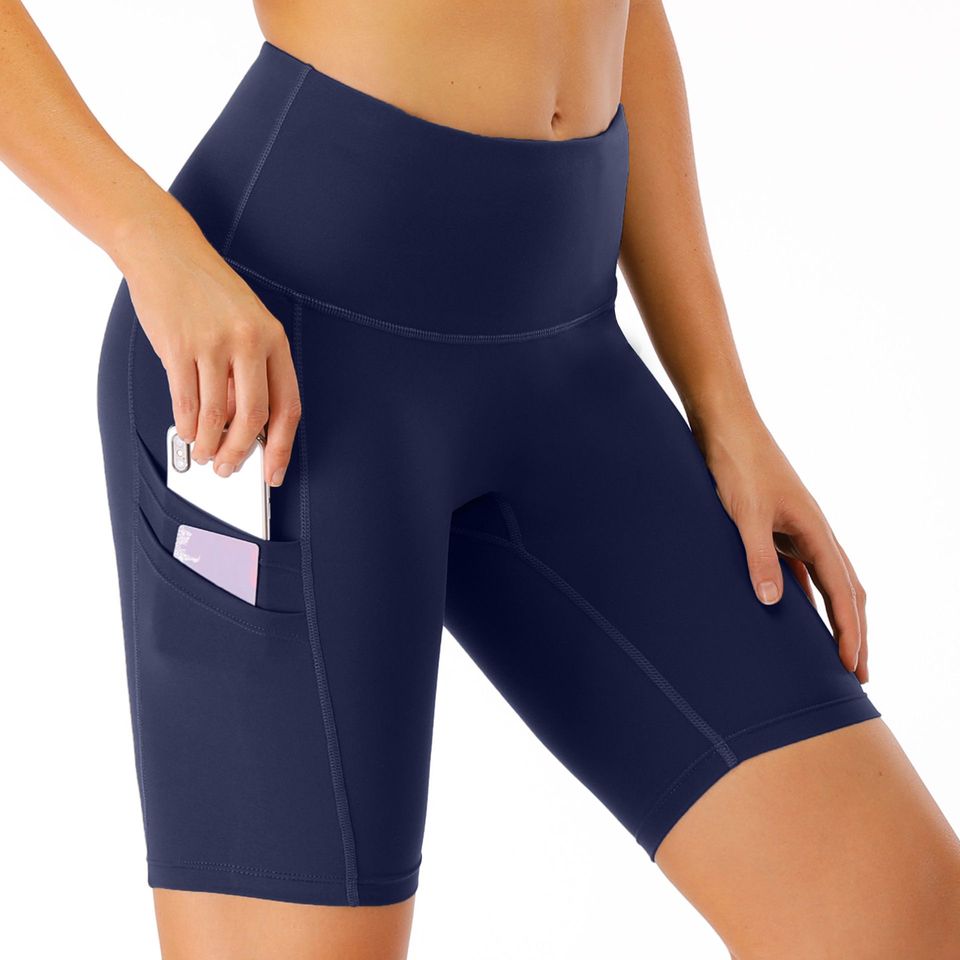 #blue Yoga Mujer Pantalones cortos de cintura alta Color sólido elástico gimnasio corto corriendo 