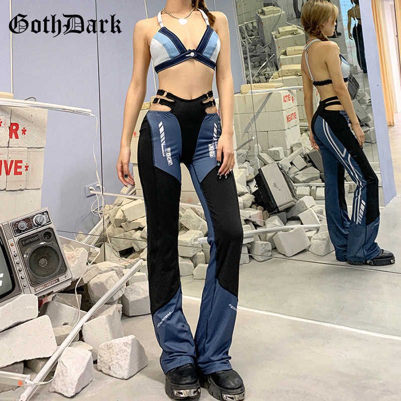 Goth escuro cyber y2k gothic estética harajuku flare calça mulheres cintura  alta punk e-girl skinny calças imprimir forma streetwear mulheres ca