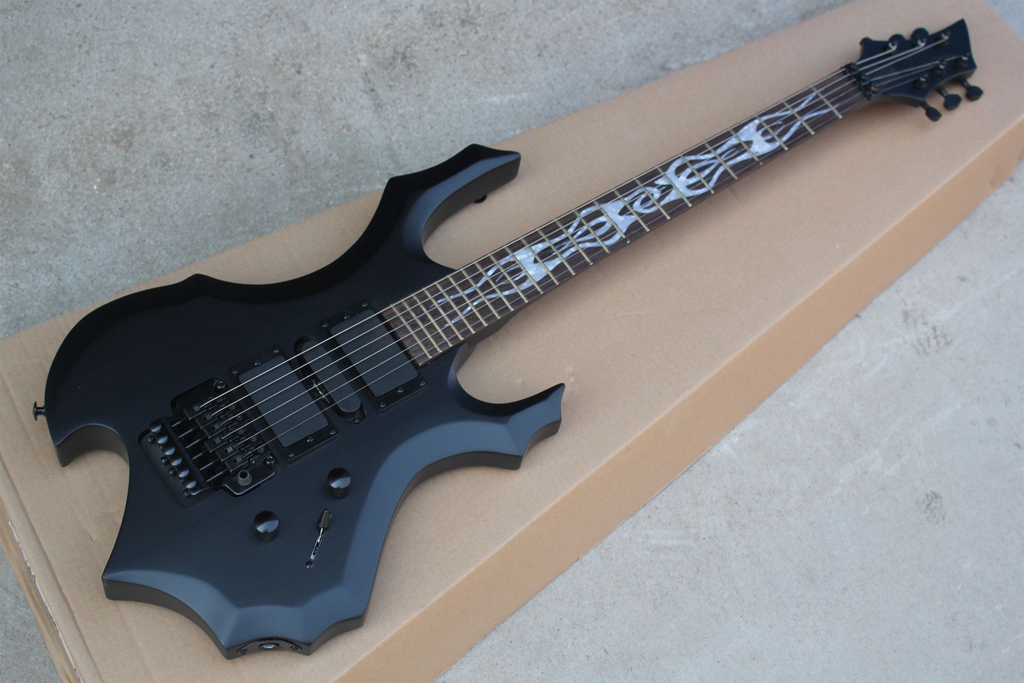 Unusual Shape Matte Black Body Electric Guitar with Tremolo bridge,3 pickups,can be customized