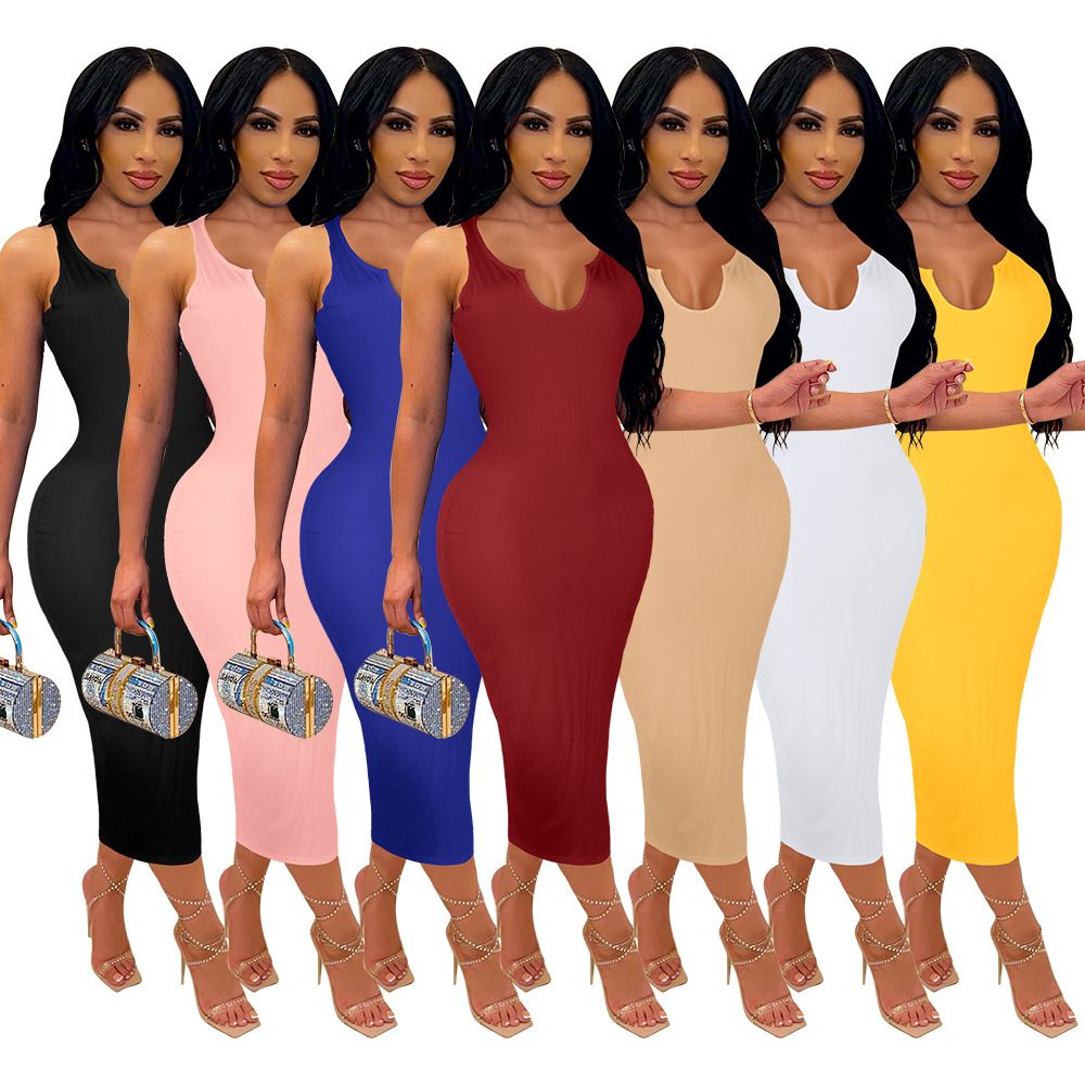 Zomer Sexy Casual Jurk Mode Mouwloze Bodycon Jurken Effen Blauw Rood Geel Pit Strip V-Hals
