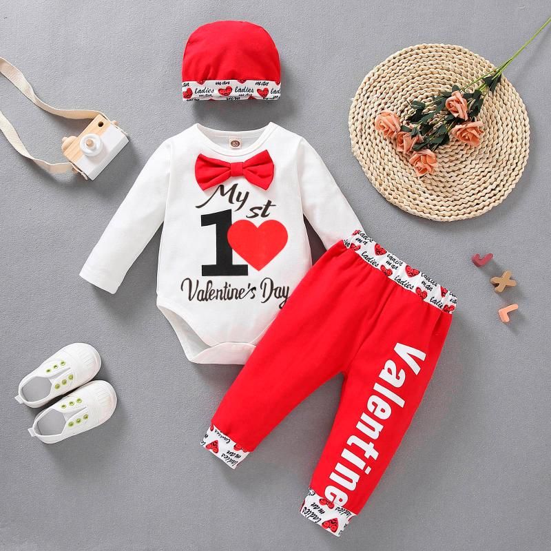 Acheter Pas Cher Vetements Ensembles De Vetements Bebe Garcon Bebe Fille Mon 1ere Saint Valentin Lettre De La Saint Valentin Romper A Manches Longues Tops Hearts Pantalons Outfits Beebes 3m 18m Du