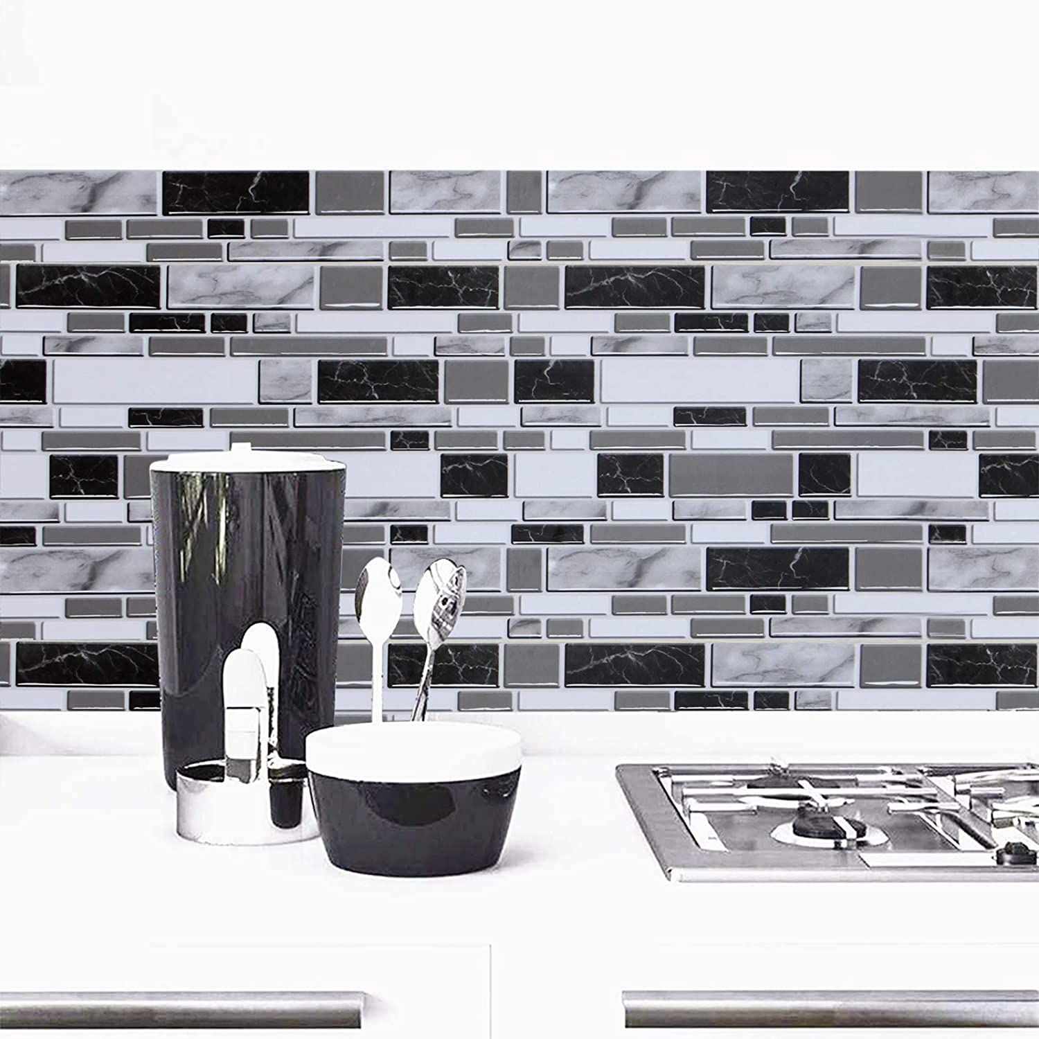 Self-Adhesive Waterproof Black & White Backsplash Kitchen & Bathroom Contact Paper 