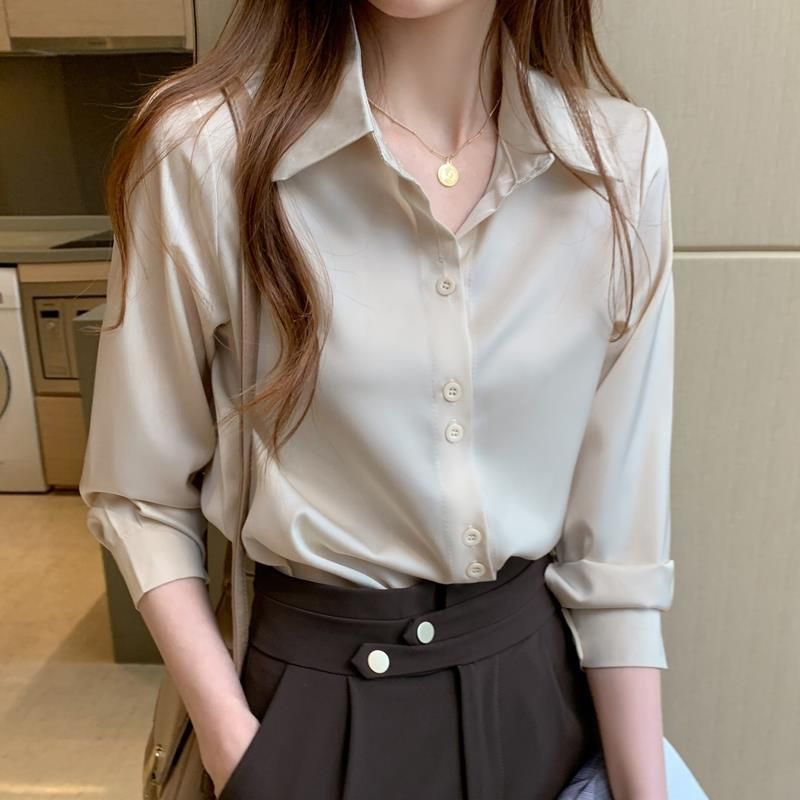 Préstamo de dinero si Terraplén Camisas para mujer de seda camisas de mujer satinada para manga larga  oficina blanca dama blusa
