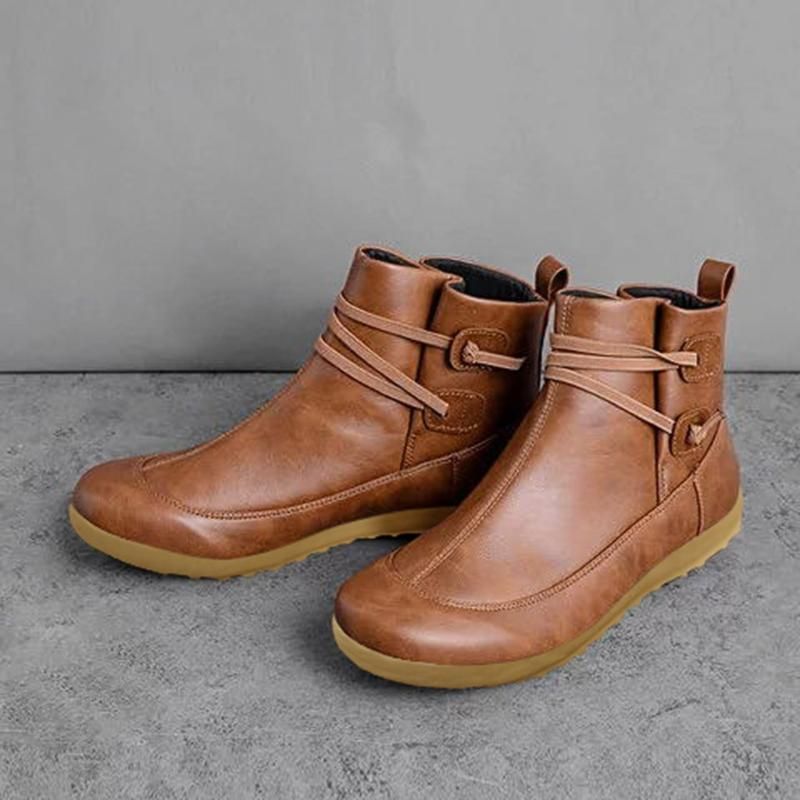 Women's Flat Leather Retro Strap Boots Round Toe Shoes Casual Ankle Boots Size Women's Flat Leather Retro Strap Boots Round Toe Shoes Casual Ankle Boots Size