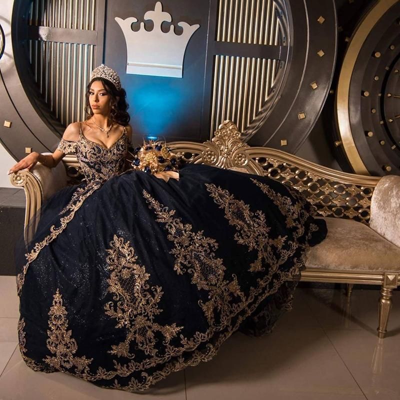 2021 azul marino azul quinceañera vestidos de bola de bordado de bordado de hombro Cuentas de 2021 azul marino azul quinceañera vestidos de bola de bordado de bordado de hombro Cuentas de