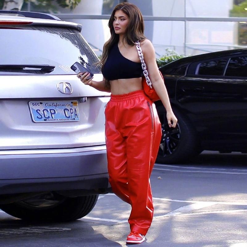 Pantalones para mujer Capris [Shesrim]] Sólido rojo Kylie Jenner Kardashian cremallera suelto cintura alta