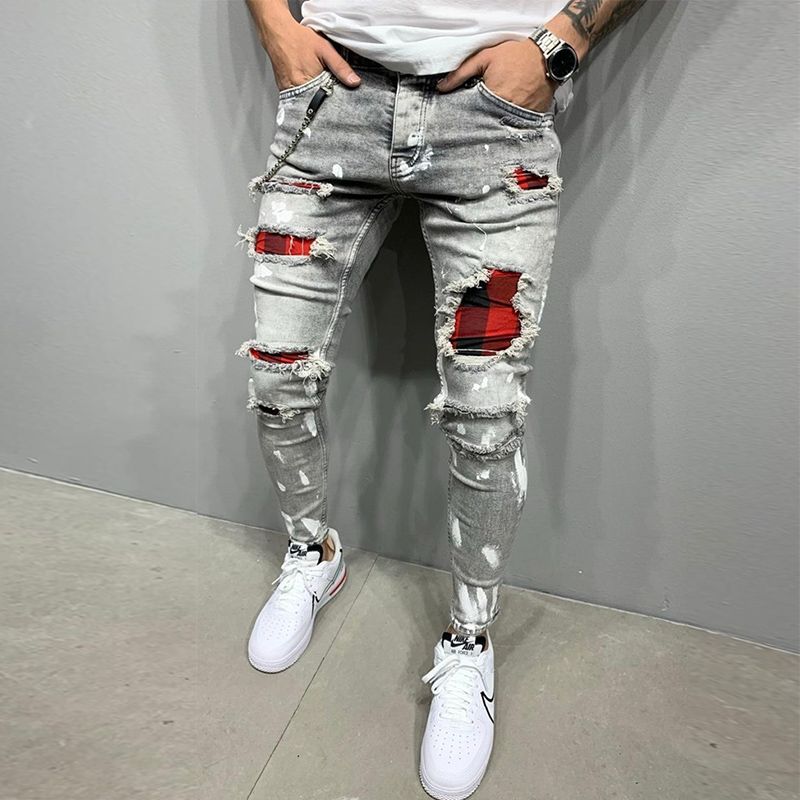Compra Hombre Rasgado Flaco Jeans Patchwork Cuadrícula Estiramiento Casual  Mezclilla Lápiz Pantalones Hombre Moda Pintura Pintura Jogging Pantalón  Masculino 29 Barato | Entrega Rápida Y Calidad | Es.Dhgate