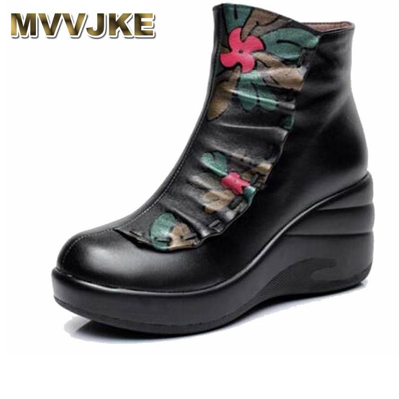 Boots MVVJKE Winter Woman Shoes Plush Lady's Women National Trend Genuine Leather Handmade Ankle Flower