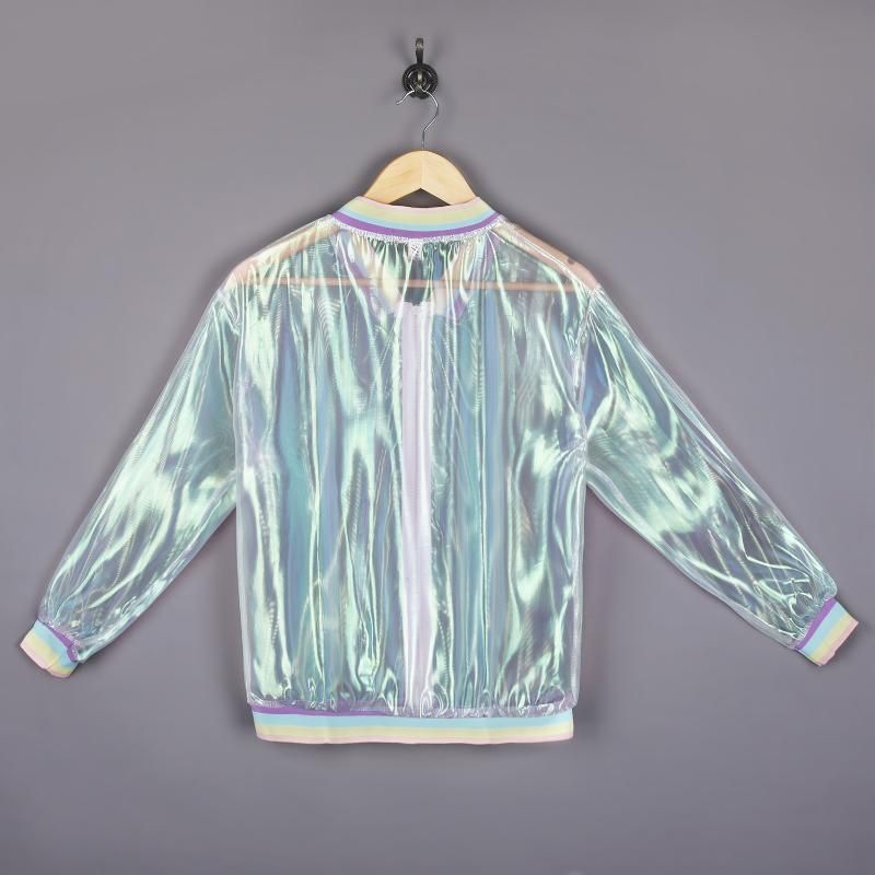 Les femmes irisé transparent Veste Holographique Manteau Rainbow Bomber Tops Outwear Les femmes irisé transparent Veste Holographique Manteau Rainbow Bomber Tops Outwear
