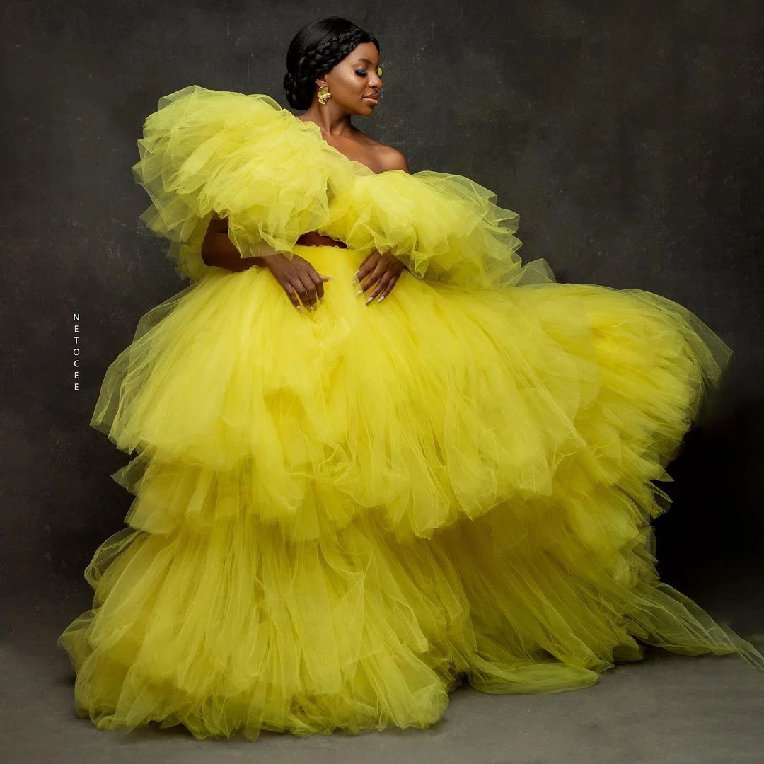 Yellow Extra Puffy Tulle Evening Dresses Aso Ebi Style Fluffy Ruffles ...