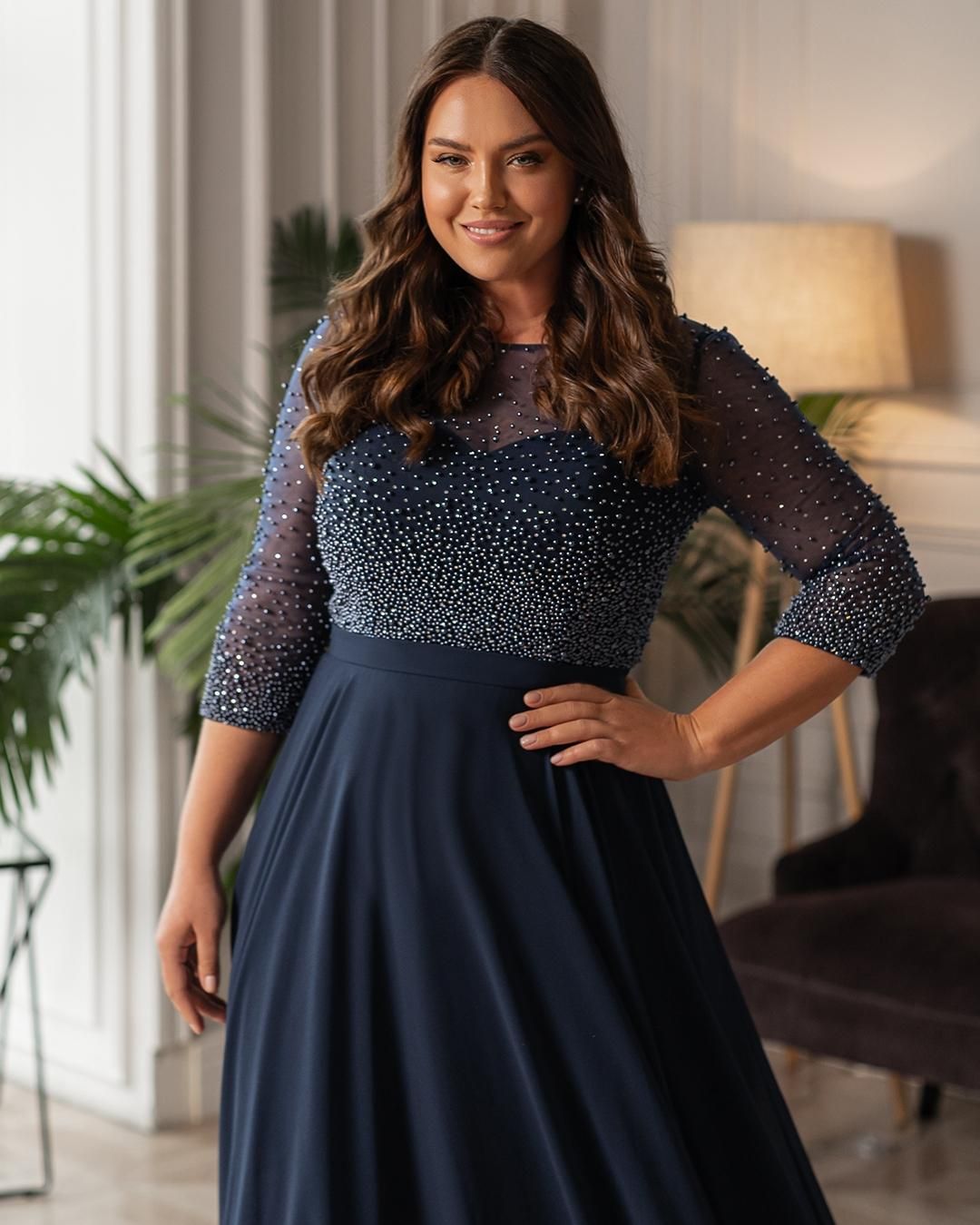 2021 Navy Beaded Plus Size Prom Dresses Bateau Neck A Line Long Sleeves Evening  Gowns Floor Length Chiffon Formal Dress From Verycute, $56.34 | DHgate.Com