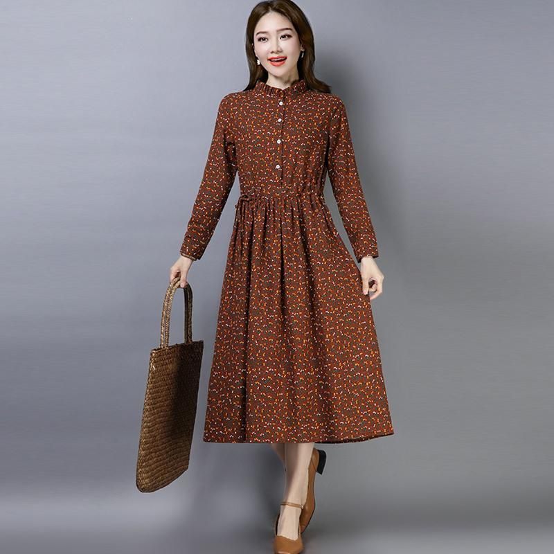 Women Fashion Velvet Stand Collar Loose Casual Vintage Autumn Winter Long Dress