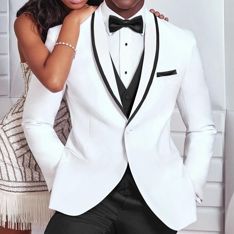 Men's Suits & Blazers White And Black Wedding Men 3 Pcs Fashion Costume Homme Grooms Wear Tuxedos Terno Masculino Slim Fit Prom Jacket+Pant+
