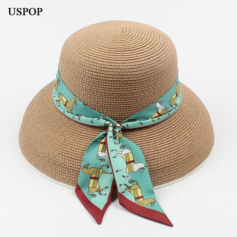 Breite Krempe Hüte USPOP Frauen Stroh Mode Ribbon Bogen Sonnenhut Strand Sonnenschirm