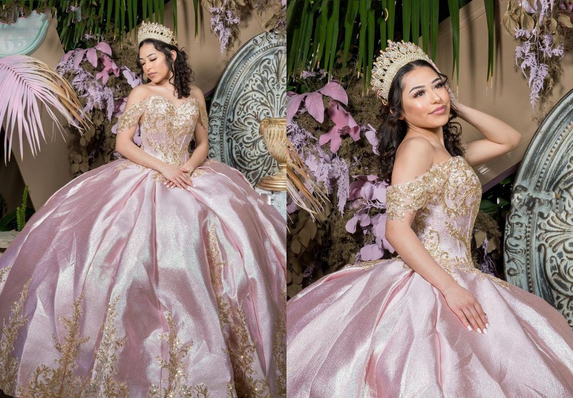 Glitz Gold Embroidery Lastest Designer Pink Quinceanera Dresses 2022 Ball Gown Off the Shoulder with Sleeves Glitz Gold Embroidery Lastest Designer Pink Quinceanera Dresses 2022 Ball Gown Off the Shoulder with Sleeves