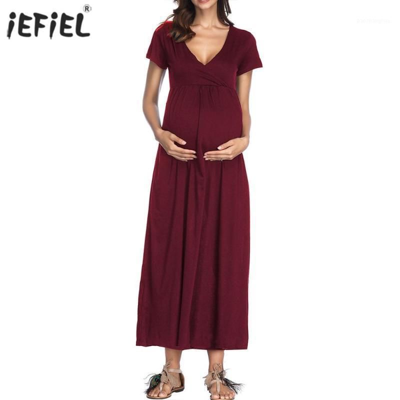 Mutterschaft Kleider Frauen Sommer Casual V-ausschnitt Kurzarm Feste Farbe Schwangerschaftskleid Lose Maxi Lange Kleidung1