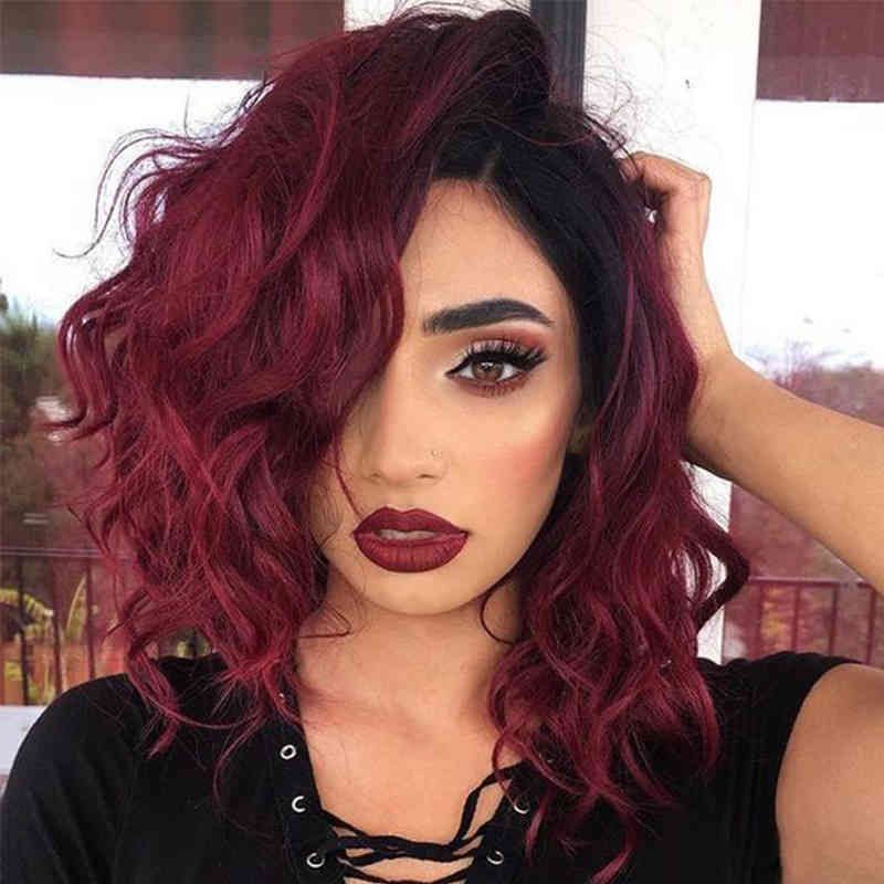 Wig wine red gradually changed color, partial pear flower hot ffy short chemical fiber curly hair Wig wine red gradually changed color, partial pear flower hot ffy short chemical fiber curly hair