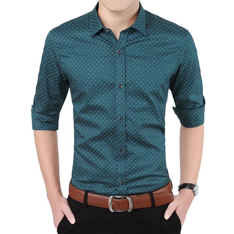 Camisas de vestir para hombre Hombre de manga larga Algodón Slim Impresión Camisa Marca Masculina