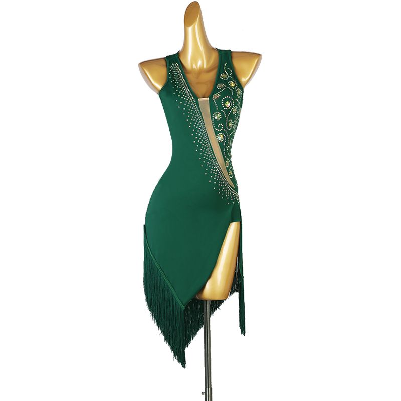 Nuevo vestido de baile latino Verde negro Mujer sexy con cuello en V Rhinestone Falda
