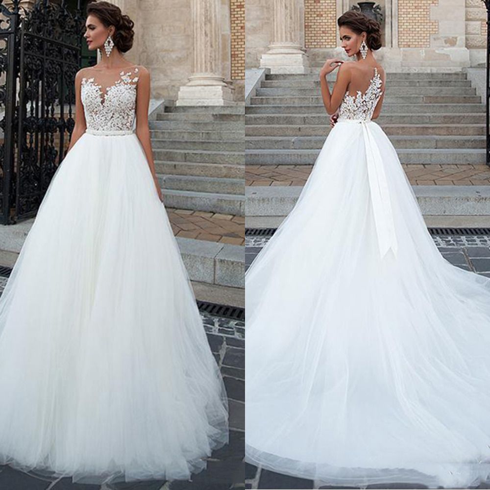 Compra Sexy Vestidos De Boda Blancos Vestidos De Bola Apliqueada Encaje Tul  Largo Esponjosa Mujer Mujer Nupcial Vestido Boda Vestido De Noiva Barato |  Entrega Rápida Y Calidad | Es.Dhgate