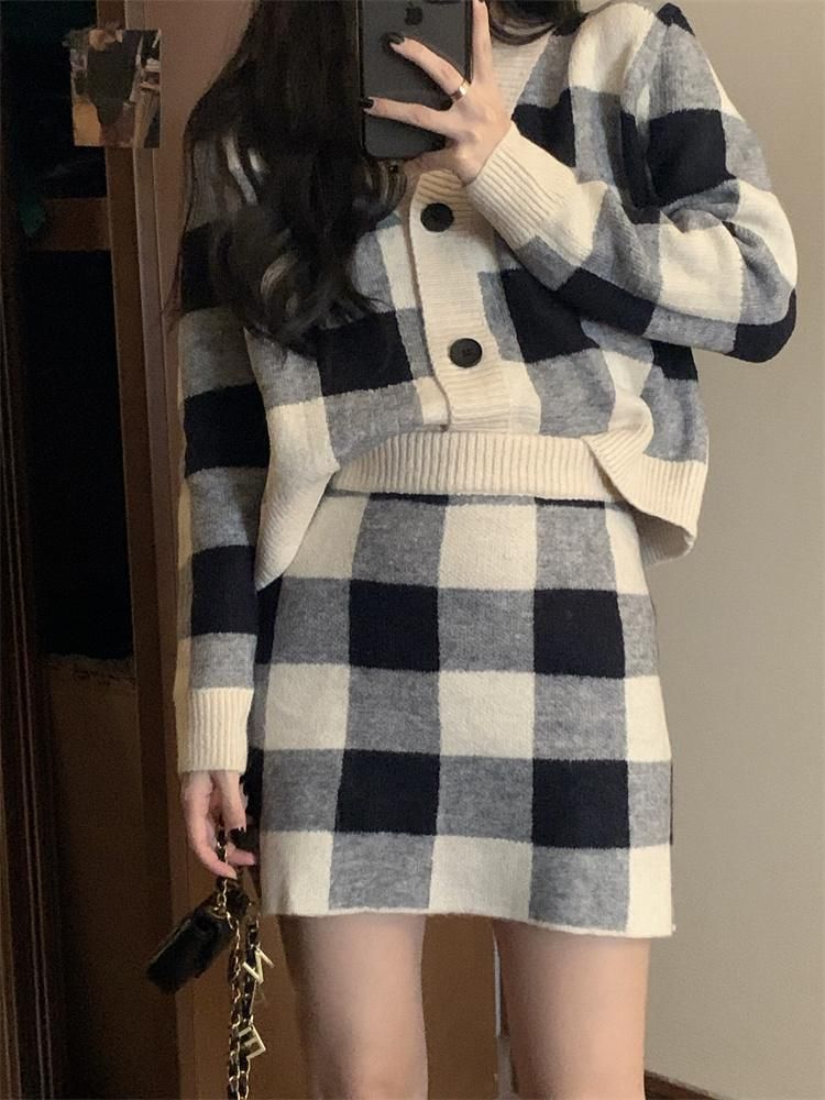 Work Dresses Knitted Plaid Sweater 