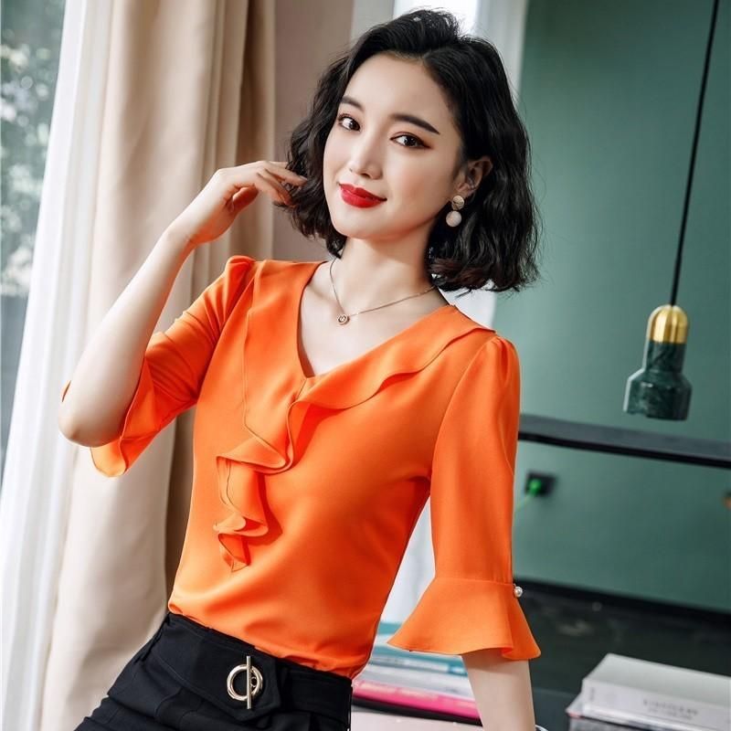 Novedad naranja media manga primavera verano blusas and shirts damas oficina blusa trabajo