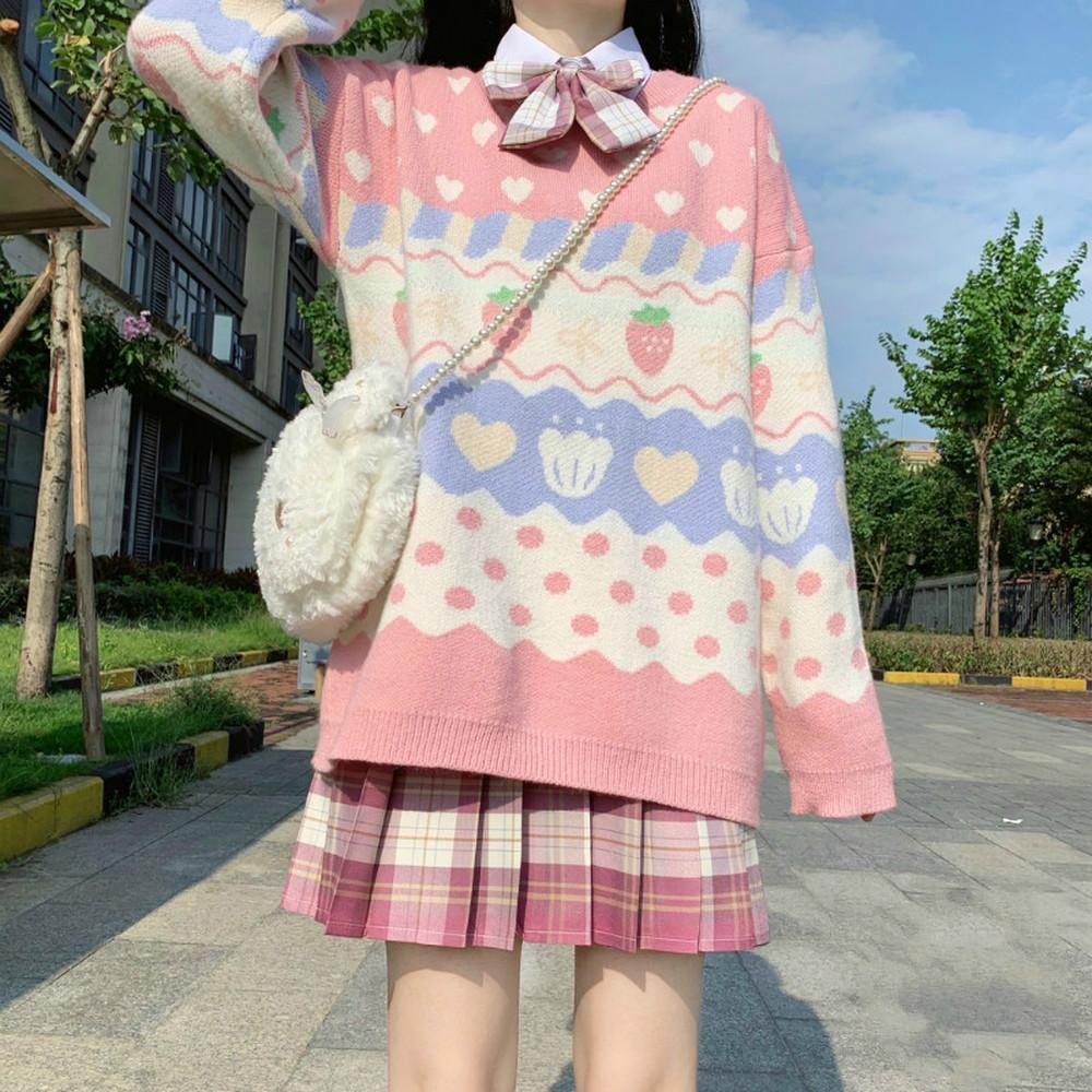 Dama Niña Fresa Suéter De Punto Jersey Top japonés Lindo Kawaii Nuevo