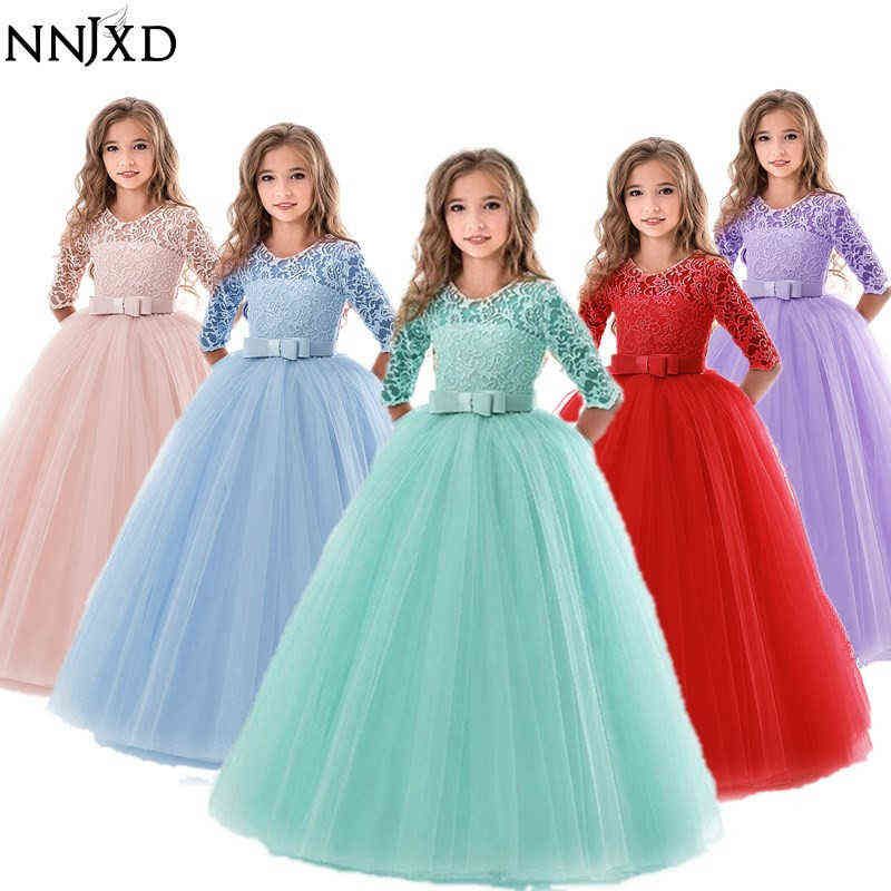 Princess Lace Dress Kids Flower Embroidery Dress For Girls Vintage Children Dresses For Wedding Party Formal Ball Gown 14T 211130