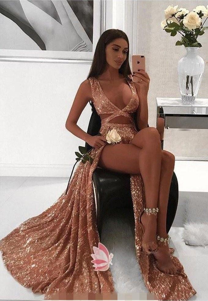 Rose Gold Sequined Prom Dresses 2021 