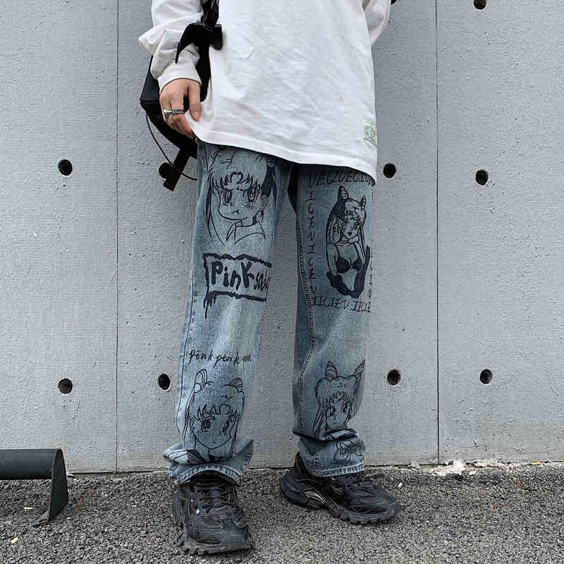 Frodianyan cartoon anime stampa jeans uomini pantaloni BF HARAJUKU Streetwear usura moda moda graffiti allentati jeans Frodianyan cartoon anime stampa jeans uomini pantaloni BF HARAJUKU Streetwear usura moda moda graffiti allentati jeans