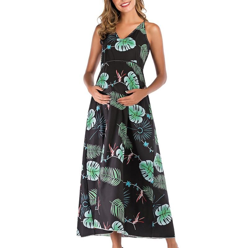 Vestido De Maternidad Verano Redondo Sin Mangas Hojas Print Vestido De Maternidad Verano Redondo Sin Mangas Hojas Print