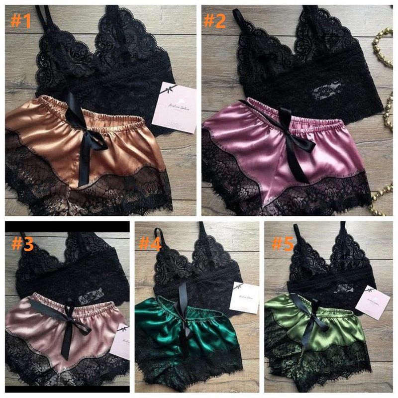 V cuello de dormir verano mujeres seda pijamas ropa de encaje pantalones