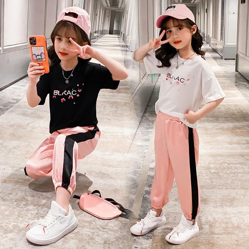 Kinderen Meisje Sports Suits Kleding Sets Kids Baby Meisjes Bloemen Letter  Tops T-shirt Broek Sportkleding